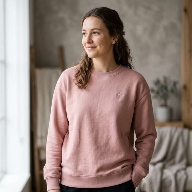 Sudadera Rosa  con Detalle de Bordado de Cruz